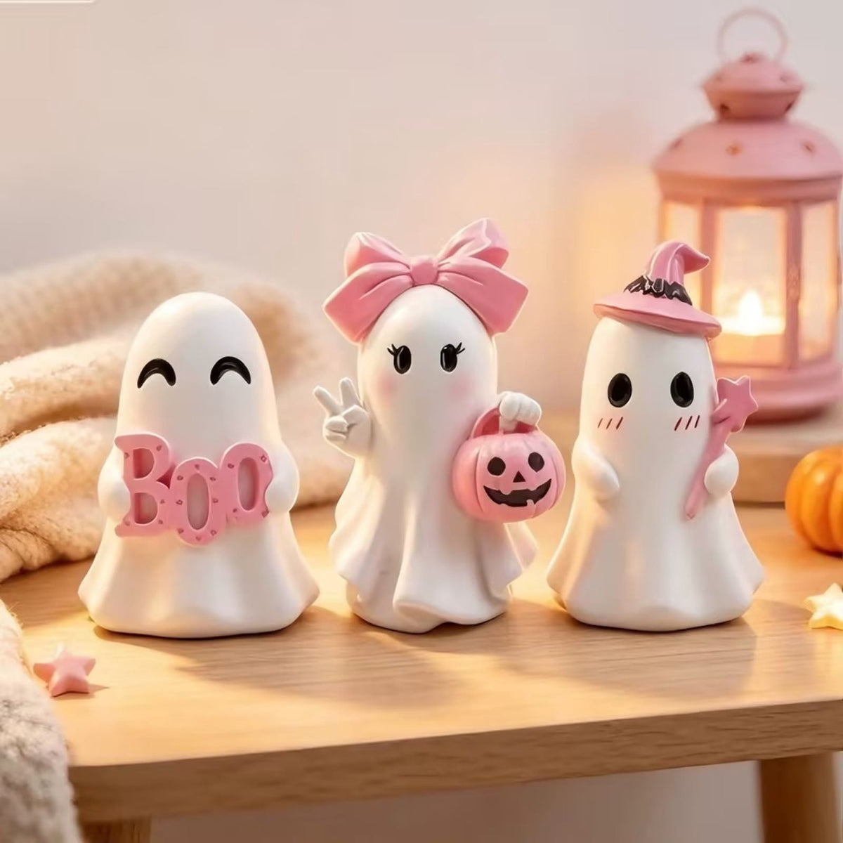 Pink Halloween Decor Ghost Candy Bowl Figurine with Bow and Scalloped Holder for Indoor Tabletop Decor and Party Favor Display