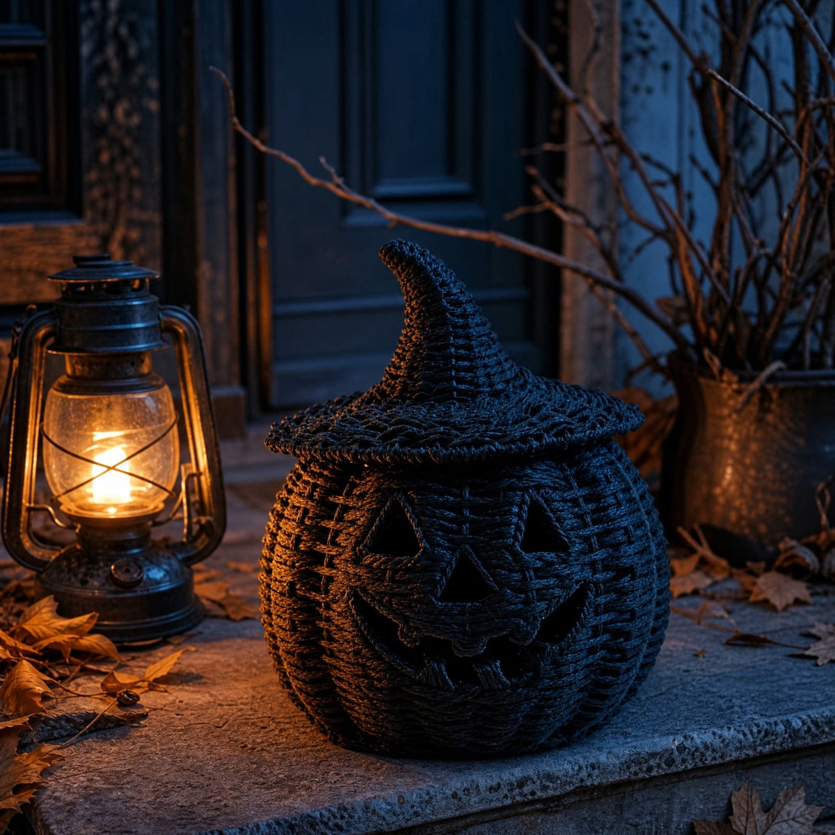 Sahpxhe Black Woven Pumpkin Basket with Lid Handmade Wicker Pumpkin Candy Baskets for Halloween Tabletop Mantel Candy Storage Decorations