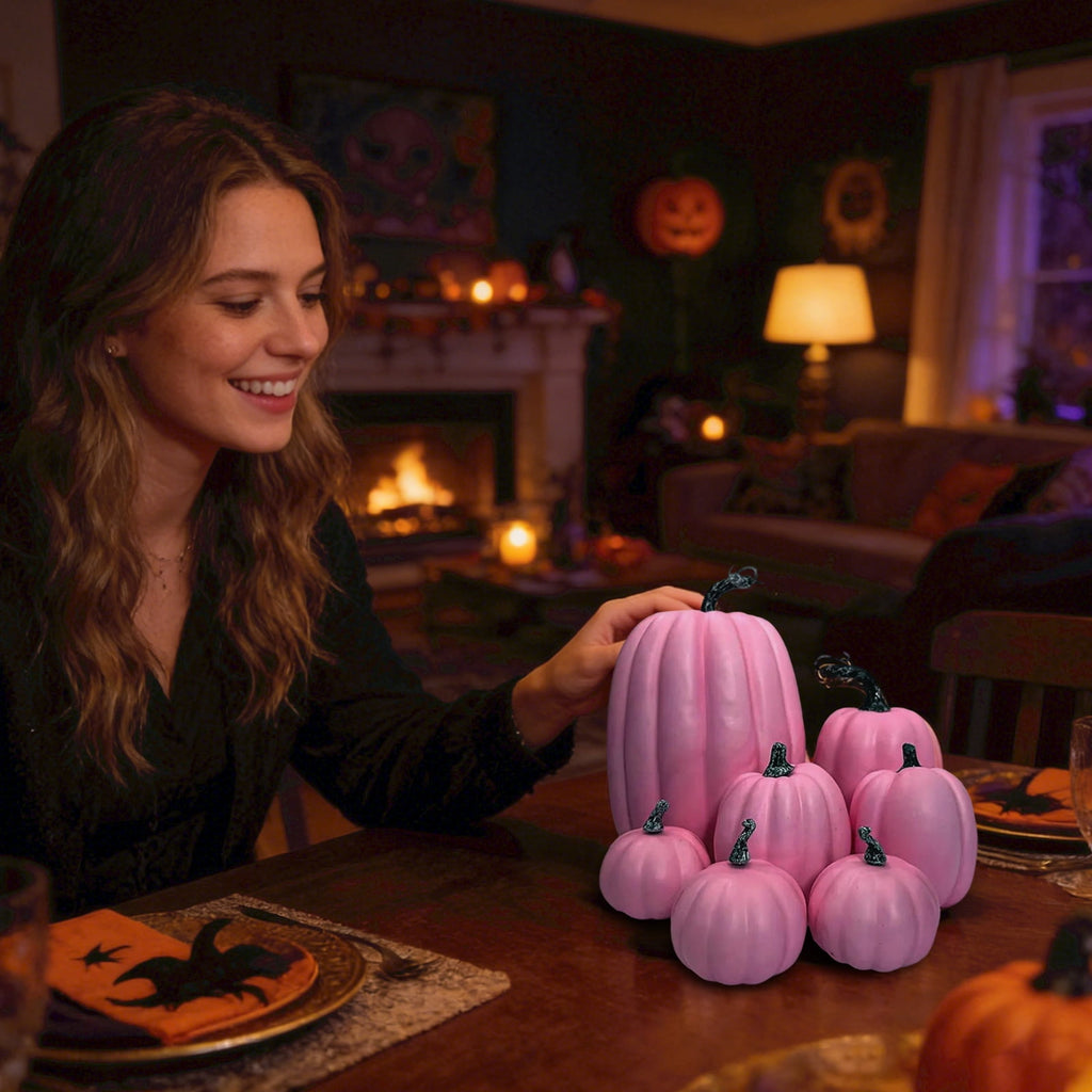 7Pcs Artificial Pumpkins Fall Decoration Assorted Faux Pumpkin Cute Foam Pumpkins for Home Outside Halloween Decorating (White)