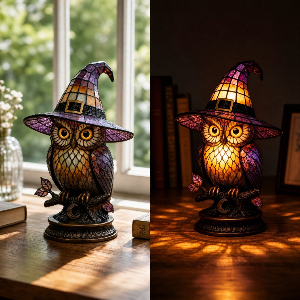 Stained Glass Witch Hat Lamp Gothic Halloween Lighting Decor, Vintage Witchy Hats Night Lights, Handcrafted Retro Resin Table Lamp for Bedroom, Living Room & Home Decor
