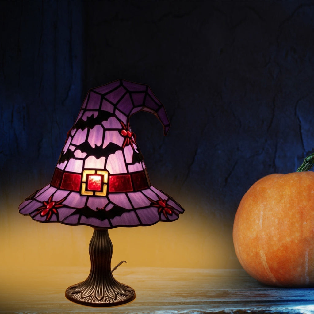 Fuebueo Halloween Witch Hat Lamp 11.81 Inch, Stained Glass Tiffany Style Table Lamp for Bedroom Nightstand, Gothic Witchy Halloween Decorations for Home Living Room