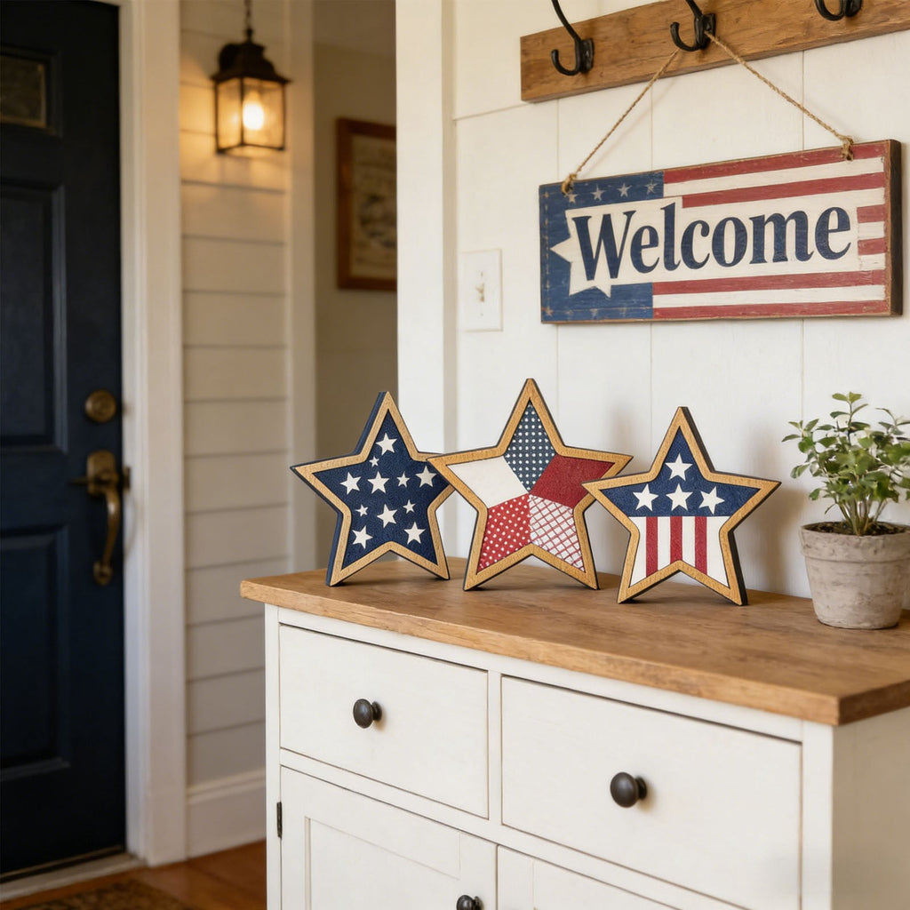 Japceit 3Pcs 4Th Of July Decorations Wooden Stars,Red White Blue Patriotic Decor, Independence Day Ornaments Set,For Home Office Table Shelf