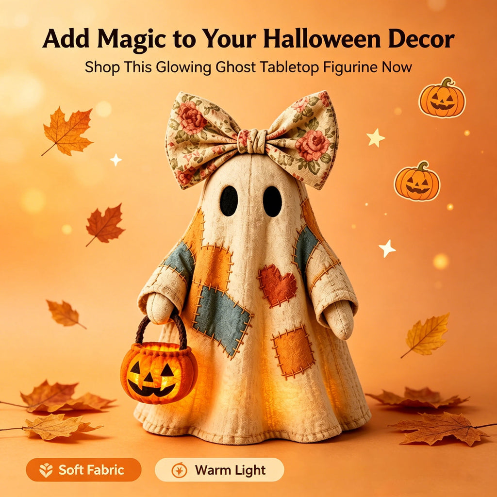 Win s Way Lighted Vintage Patchwork Ghost Decor Glowing Ghost Figurine with Pumpkin Lantern Farmhouse Style Light Up Statue for Mantel Shelf Entryway Table Fall Decorations