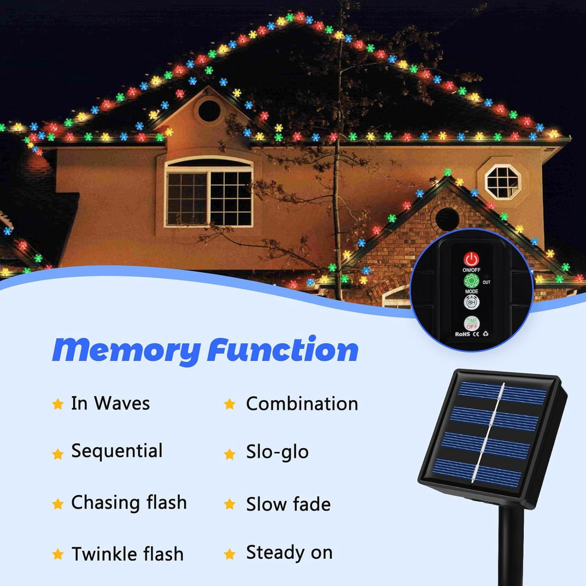 Qoosea Solar Lights Outdoor, Waterproof 100 LED Snowflake Fairy Lights, 39 ft Outdoor Christmas Decoration, String Lights for Party, Patio, Room Decor