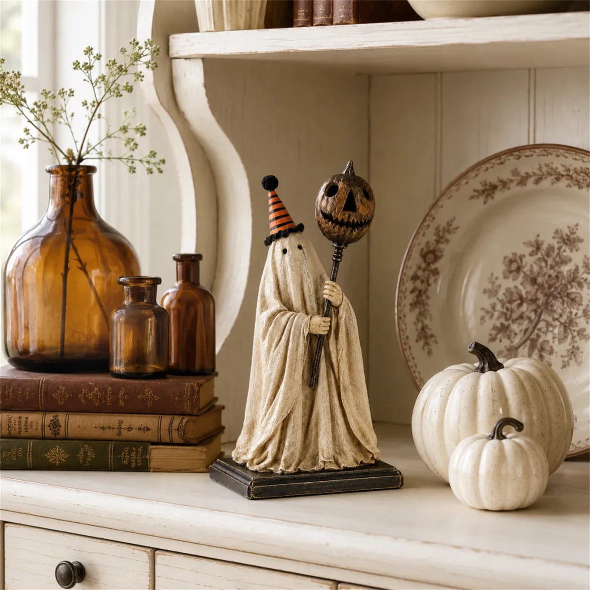 Win s Way Lighted Vintage Patchwork Ghost Decor Glowing Ghost Figurine with Pumpkin Lantern Farmhouse Style Light Up Statue for Mantel Shelf Entryway Table Fall Decorations