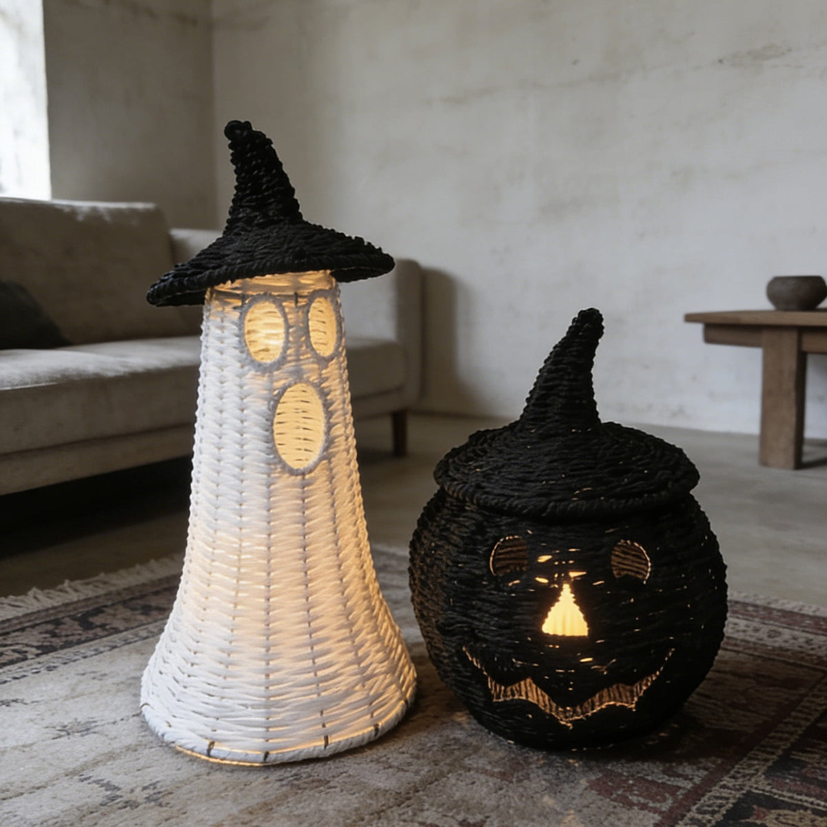 Handwoven Rattan Ghost Lantern with Witch Hat - 13.78 Inch White Wicker Ghost Decor, Light Up Halloween Decorations for Indoor Outdoor, Porch, Patio, Spooky Home Decor, Fall Harvest