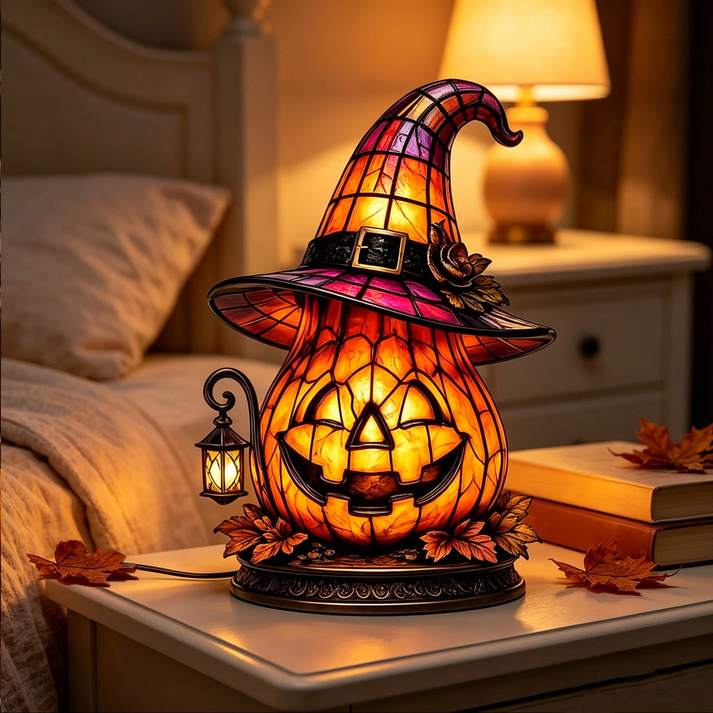 Halloween Pumpkin Night Light With Witch Hat Acrylic LED Tabletop Ornament, Spooky Glowing Figurine for Home Party Bedroom Holiday Decoration