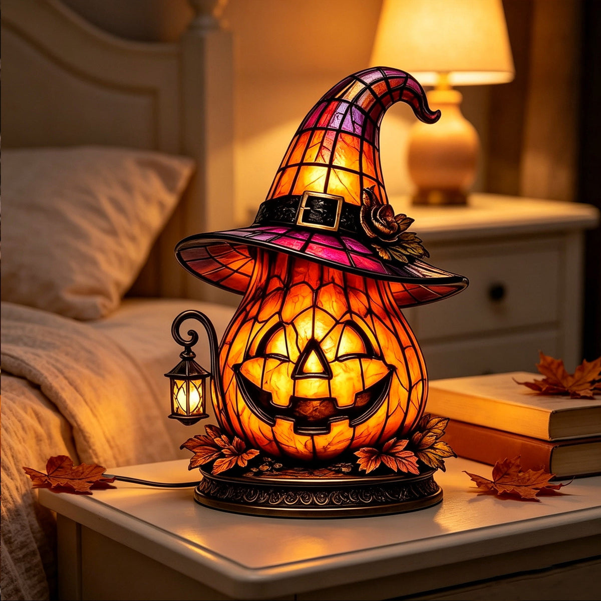 Halloween Pumpkin Night Light With Witch Hat Acrylic LED Tabletop Ornament, Spooky Glowing Figurine for Home Party Bedroom Holiday Decoration