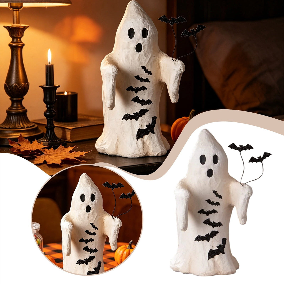 Halloween Ghost Figurine, Resin Lighted Ghost Ornament with Pumpkin Lantern & Beverage Cup, Tabletop Halloween Indoor Decor