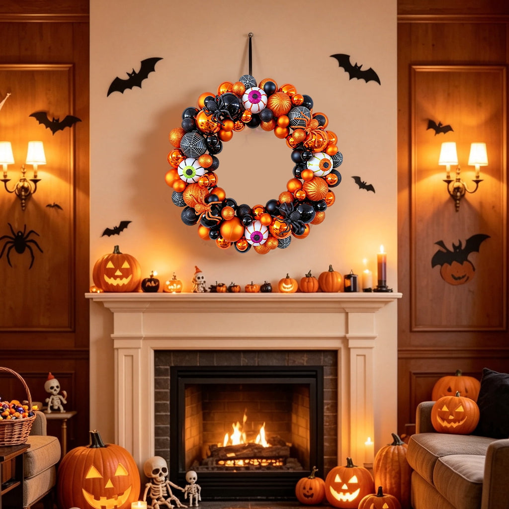 Godance 16 Inch Orange Halloween Spider Ball Wreath for Front Door, Halloween Treat-or-Trick Door Wreath Plastic Ball Ornament for Halloween Indoor Decorations Centerpiece Party Holiday Wall Decor