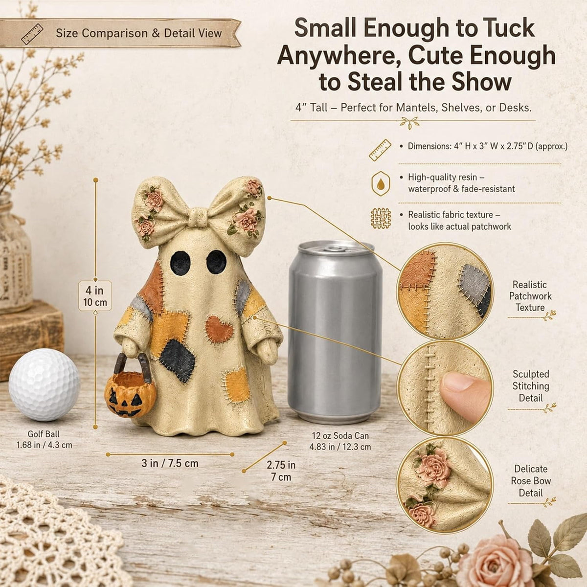 Vintage Halloween Decor Resin 4" - Light Up Ghost Statue & Pumpkin Lantern for Mantel Shelf & Entryway, 1 Pack Available