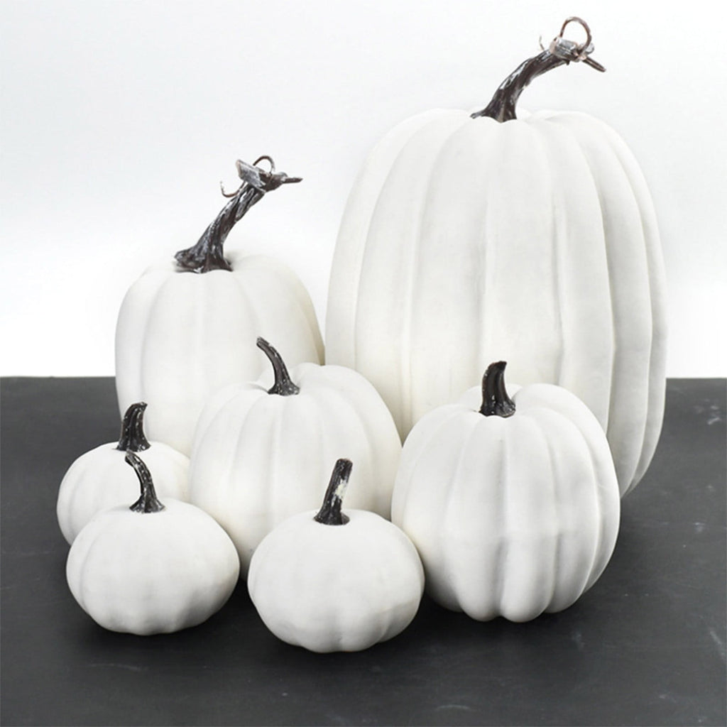 7Pcs Artificial Pumpkins Fall Decoration Assorted Faux Pumpkin Cute Foam Pumpkins for Home Outside Halloween Decorating (White)