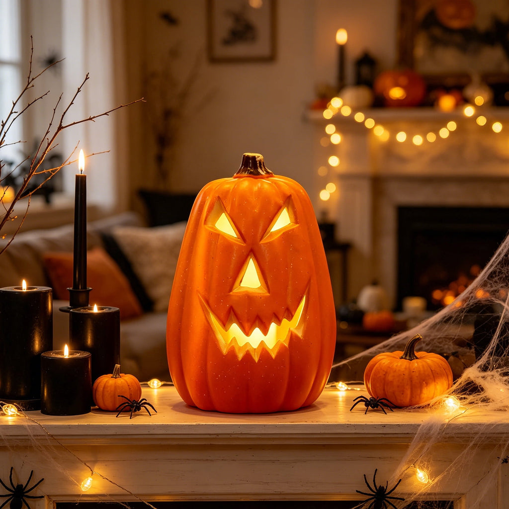 Halloween Lighted Pumpkin Decoration, Glowing Jack o Lanterns, Large LED Pumpkin Lamp with Warm Glow, Outdoor Yard Porch Halloween Decor, Holiday Display Ornament for Home Party