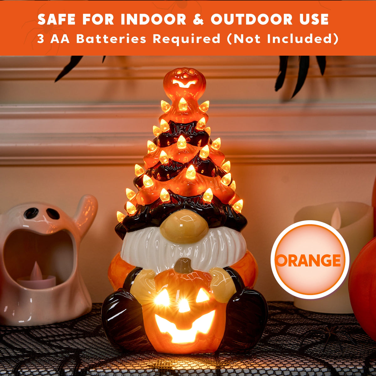 Joyfy 8.5 inch Halloween Decorations Ceramic Gnome Tree Decorations with Build-in LEDs,Light Up Pumpkin Table Decor Bedroom Indoor Centerpieces for Tables