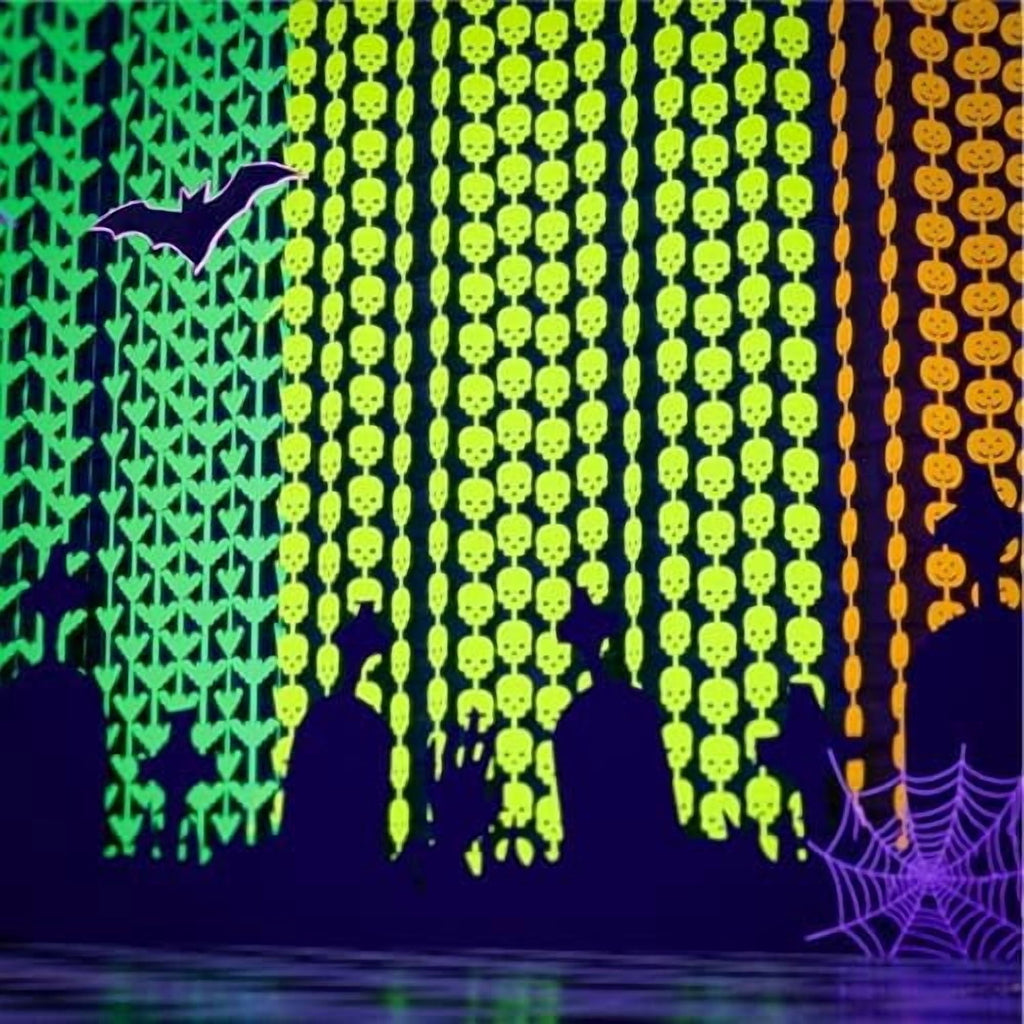 Halloween Neon Tinsel Fringe Curtains 3 Pack Pumpkin Skeleton Bat UV Party Decor