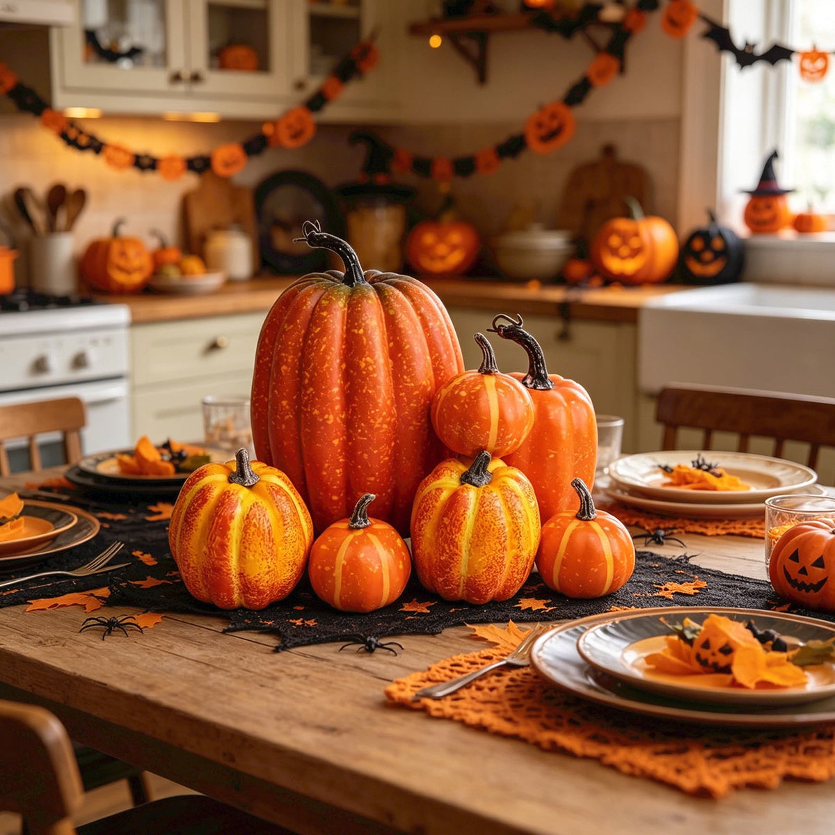 7 Pcs Assorted Size Artificial Pumpkin Set, Realistic Foam Pumpkin Decorations for Halloween Fall Harvest Decor, Thanksgiving Table Decor Centerpiece, Farmhouse Seasonal Home Decor and Party Display