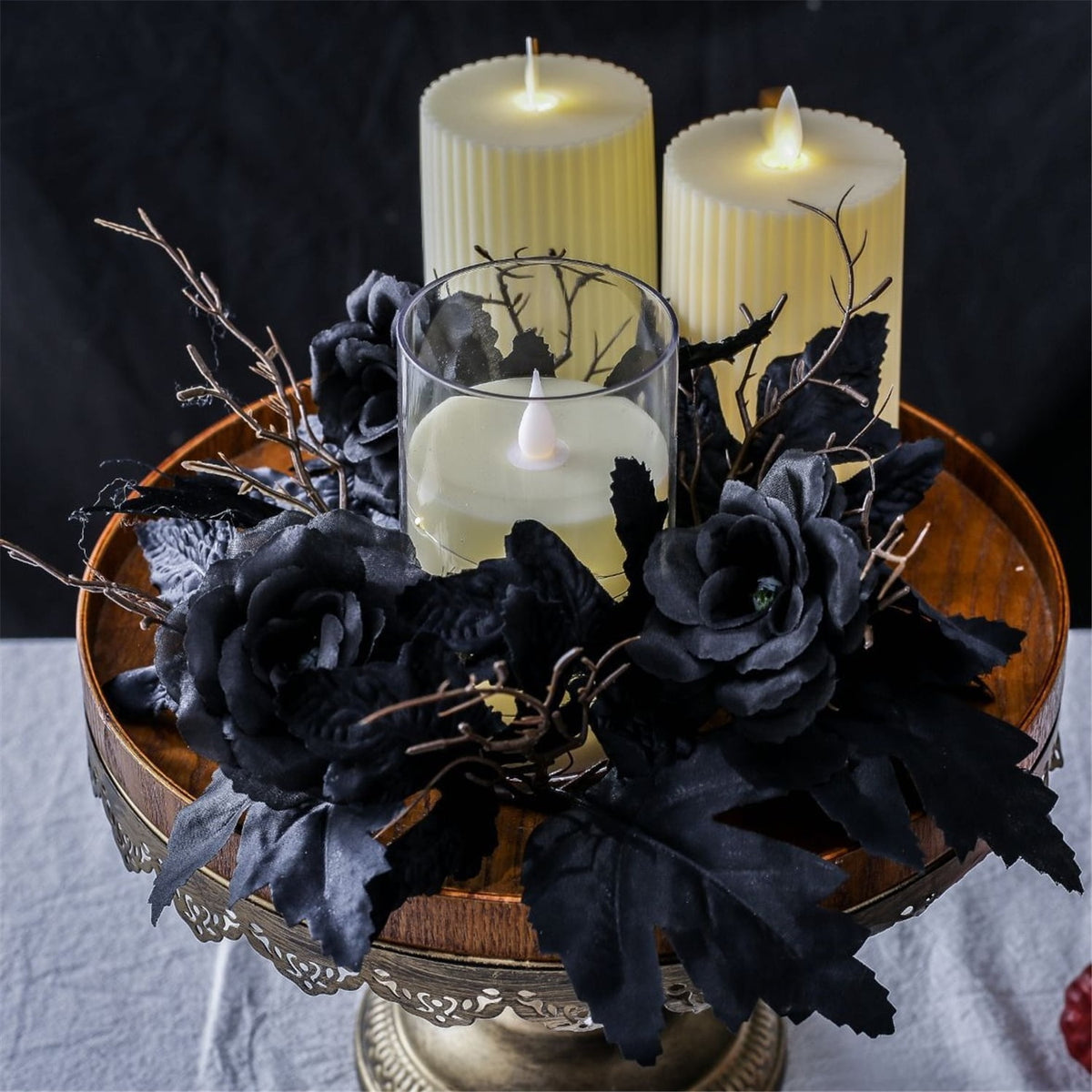TETOU 2Pcs Halloween Candle Rings Wreath for Pillar Candle Holder, Maple Leaf Black Rose Small Wreaths for Fall Thanksgiving Home Table Centerpieces, Cabinet Decorations - Black