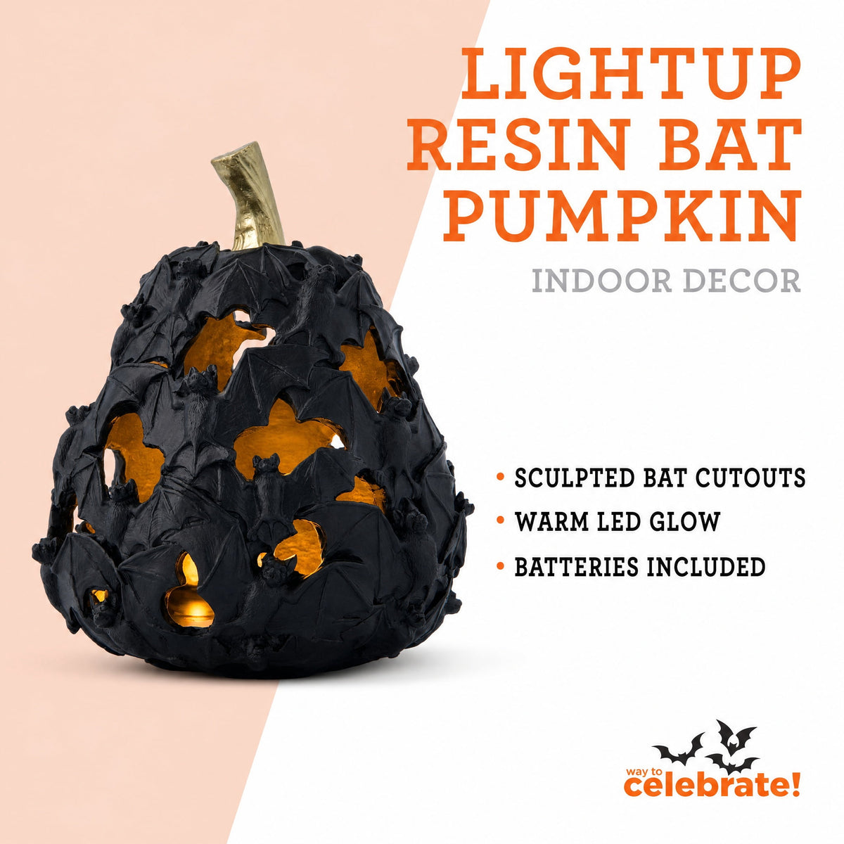 Light-Up Resin Bat Pumpkin Decoration, Black, 7.7", Halloween by Way To Celebrate