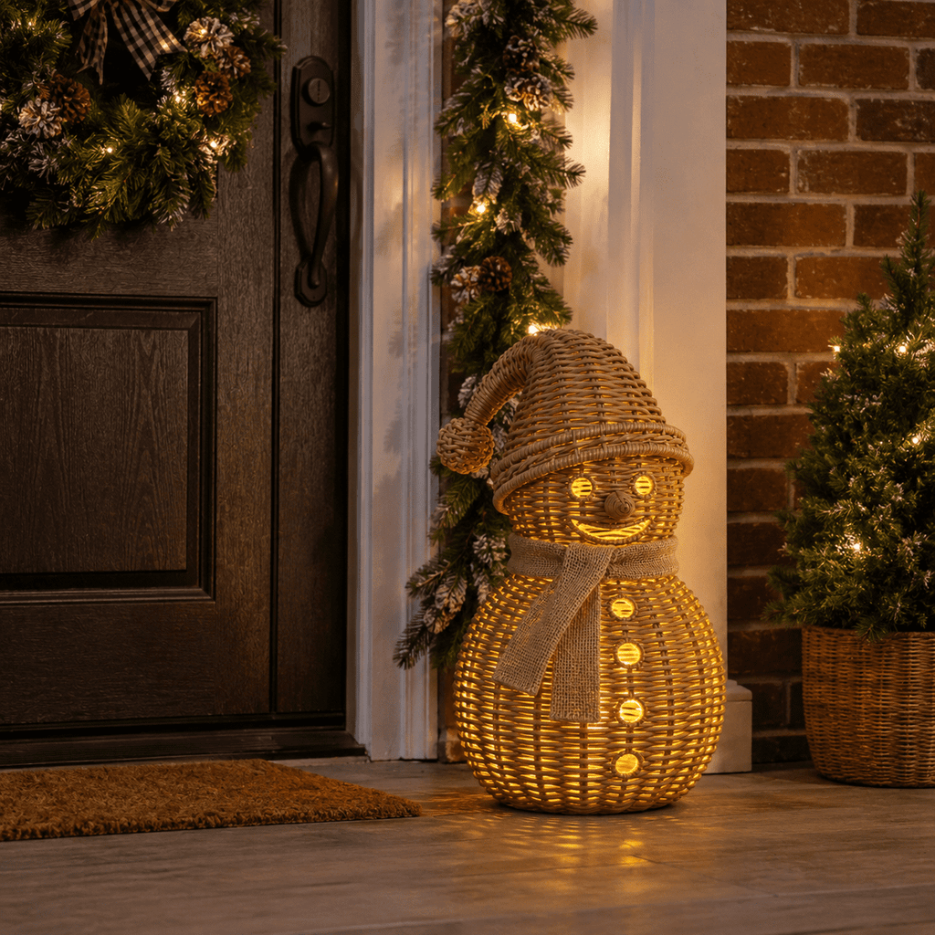 Rattan Snowman Christmas Tabletop Decor, Hand‑Woven Snowman Figurine with Hat and Scarf, Rustic Holiday Ornament for Mantel Shelf Home Decoration