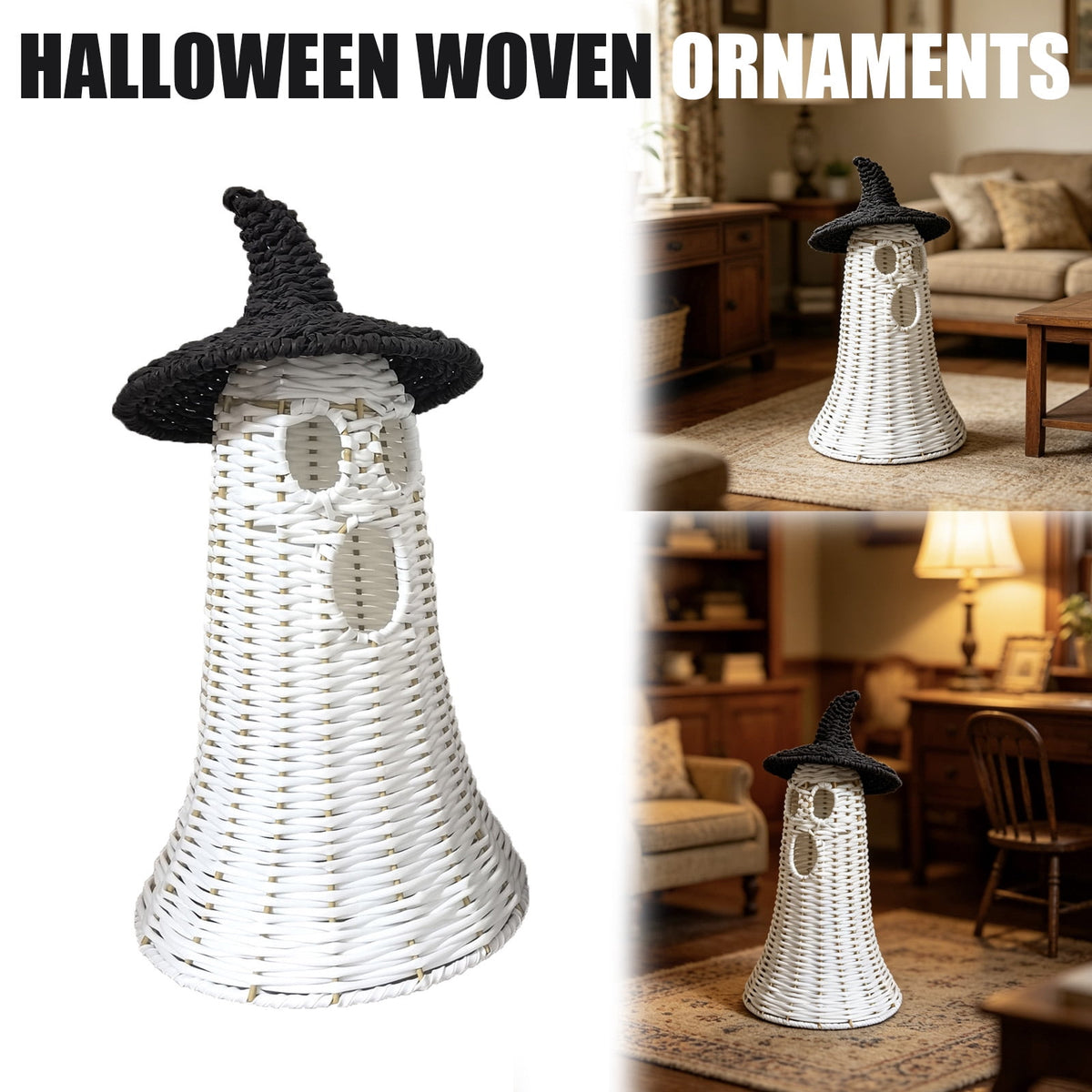 Guvpev 12" Handcrafted Woven Ghost - White Faux Rattan & Metal Ghost Figurine, Halloween Spooky Table Centerpiece & Fall Porch Decor for Indoor Outdoor