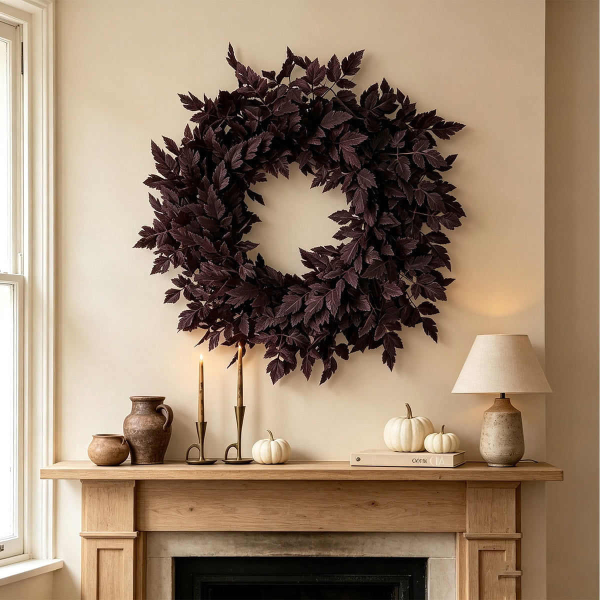 Halloween Artificial Dark Bugbane Leaves Wreath, 23.6 Inch Faux Burgundy Snakeroot Foliage Crown, Gothic Autumn Front Door Hanging Garland for Farmhouse Wall Decor
