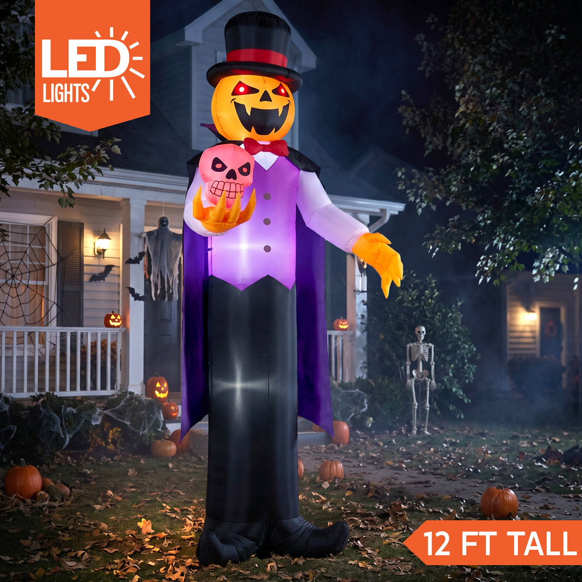 Joyfy 12 ft Giant Halloween Inflatable Pumpkin Ghost Vampire with Skull Decoration with Built-in LEDs,Ghost Halloween Decorations Outdoor Blow Up Yard Lawn Decoration