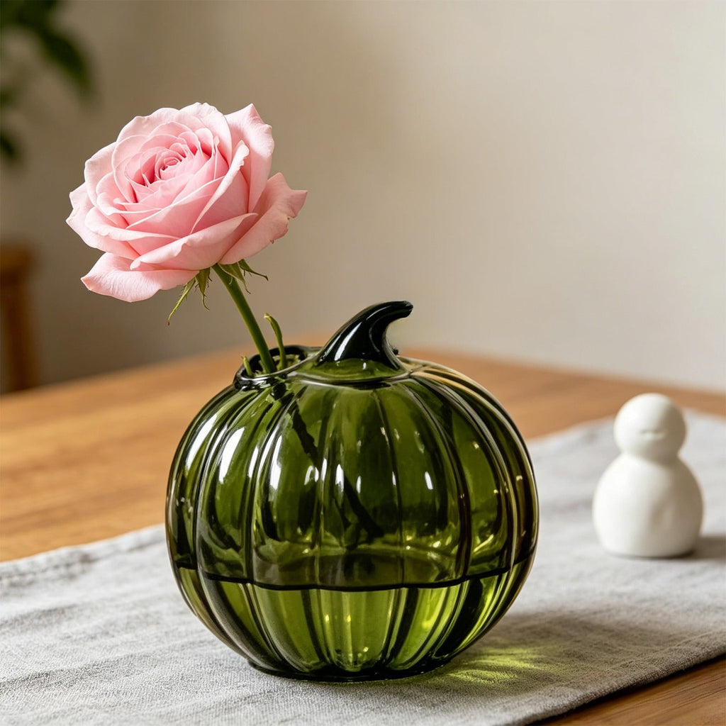 SLYNSHome Striped Glass Pumpkin Shaped Vase, Mini Hydroponic Flower Container,Clear Decorative Pumpkin Glass Centerpiece For Fall Thanksgiving Indoor Tabletop Home Decor