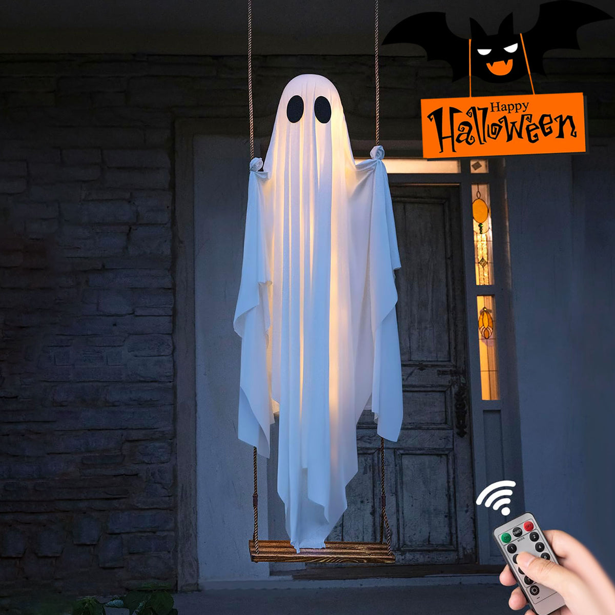 Halloween Decorations Outdoor - 5 FT Large Hanging Swing Halloween Ghost Decor with String Lights - Spooky Cute Ghosts Decorations for Front Porch Yard Tree