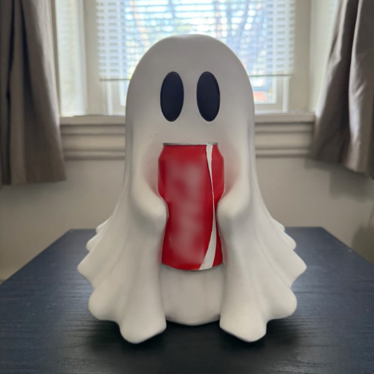 Halloween Ghost Figurine, Resin Lighted Ghost Ornament with Pumpkin Lantern & Beverage Cup, Tabletop Halloween Indoor Decor