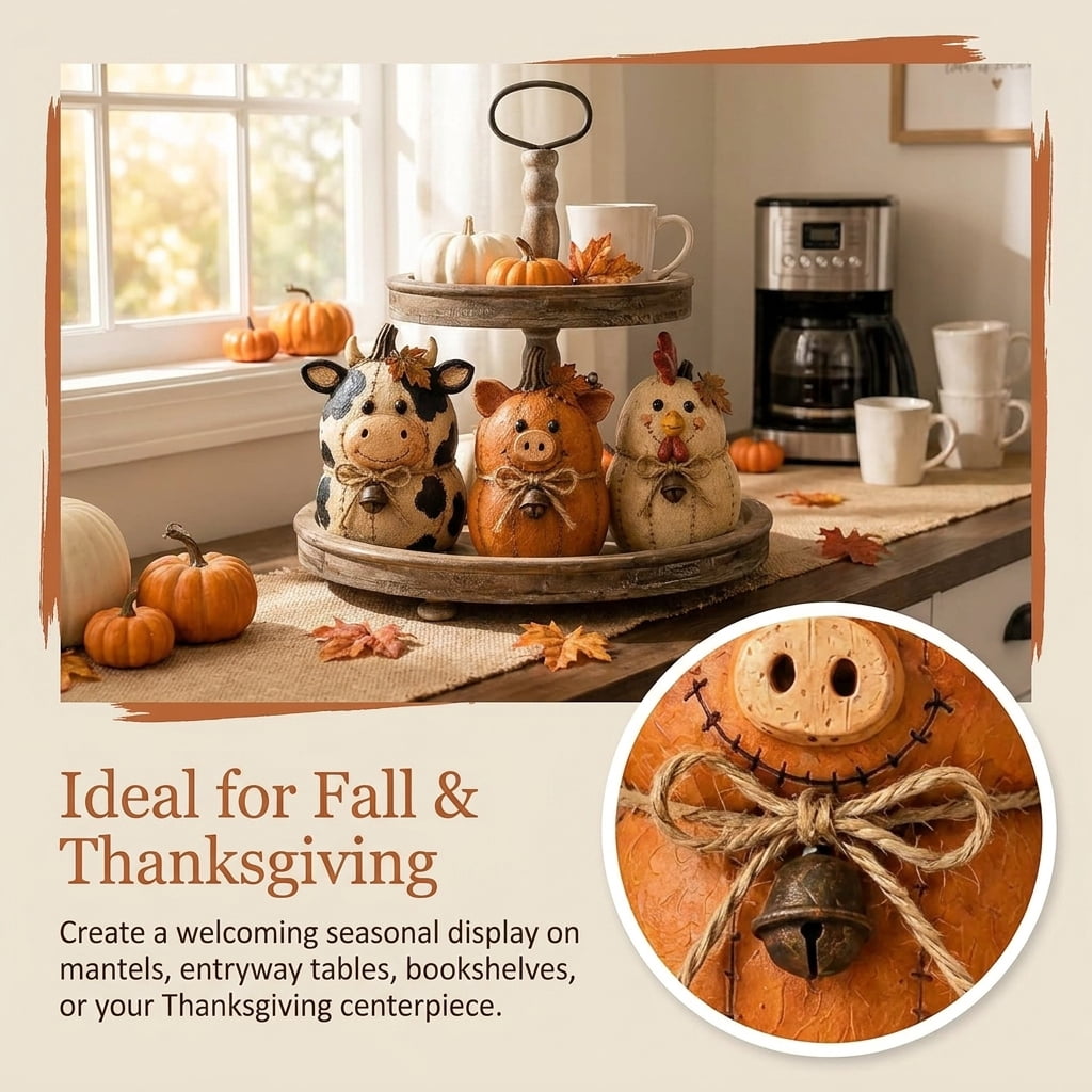 Farmhouse Decor, Farmhouse Fall Decor, Pumpkin Decor Set, Rustic Farm Animal Pumpkin Ornaments for Mantel Shelf Table Centerpiece (Dairy cow)