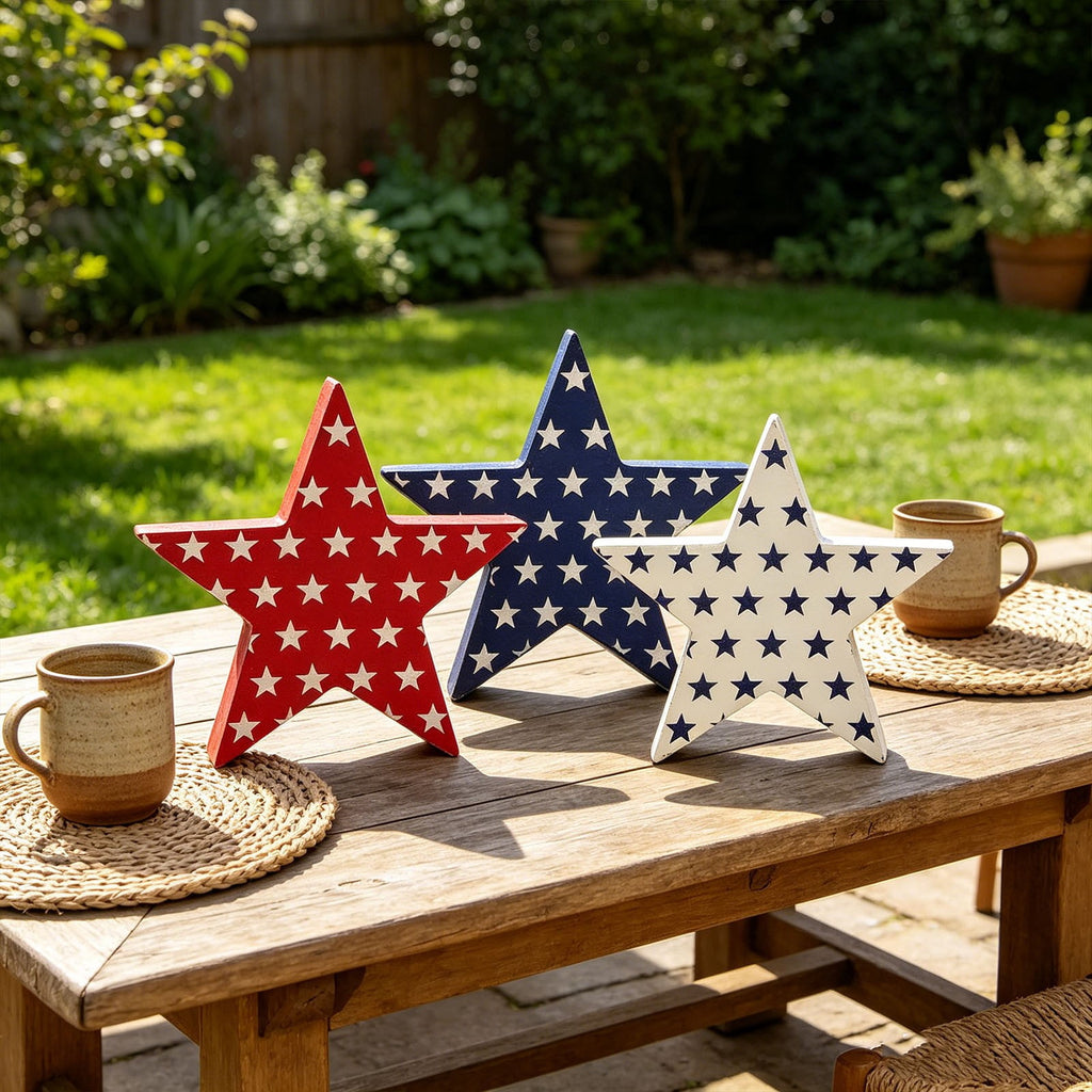 Japceit 3Pcs 4Th Of July Decorations Wooden Stars,Red White Blue Patriotic Decor, Independence Day Ornaments Set,For Home Office Table Shelf
