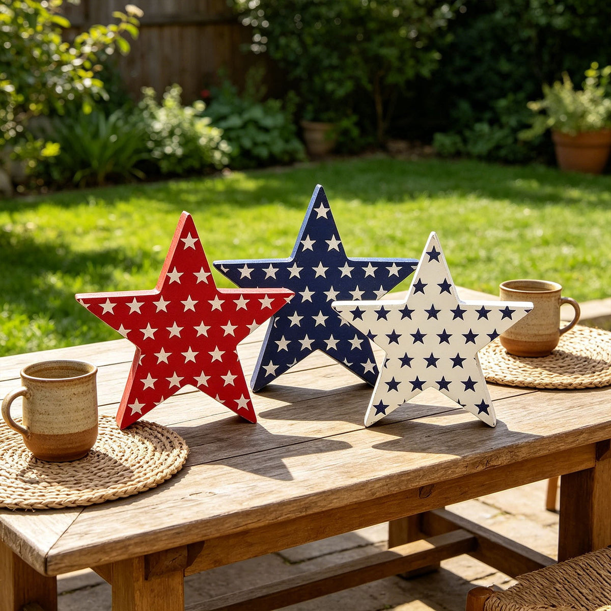 Japceit 3Pcs 4Th Of July Decorations Wooden Stars,Red White Blue Patriotic Decor, Independence Day Ornaments Set,For Home Office Table Shelf