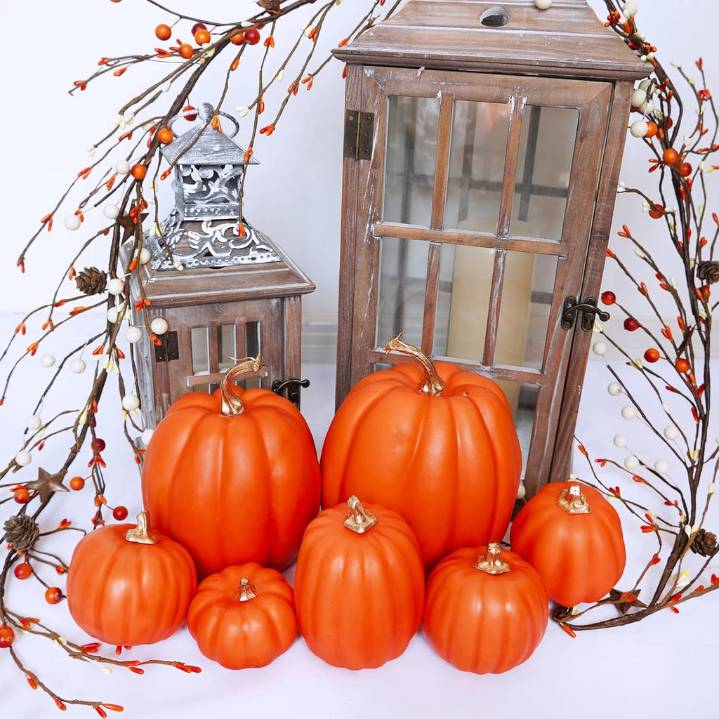 Foraging dimple 7 Pcs Assorted Harvest Orange Artificial Pumpkins Decorative Pumpkins Foam Pumpkins with Gold Stems for Fall Harvest Autumn Home Wedding Thanksgiving Halloween Party