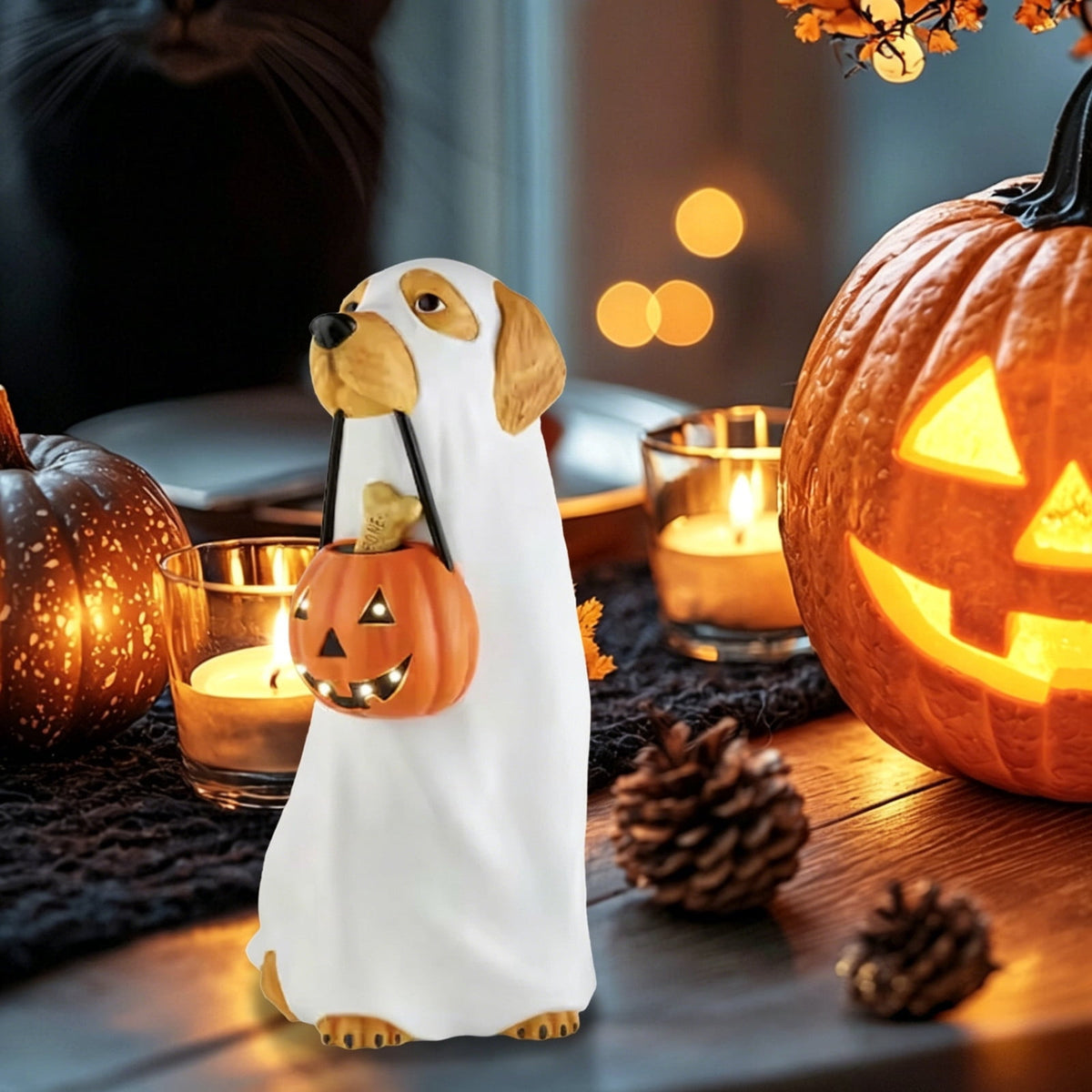 Halloween Ghost Figurine, Ghost Girl with Pink Bow & Hot Drink, Funny Ghost Statue Halloween Decor for Gift, Cute Spooky Tabletop Ornament for Home, Mantle, Desk & Party Decoration