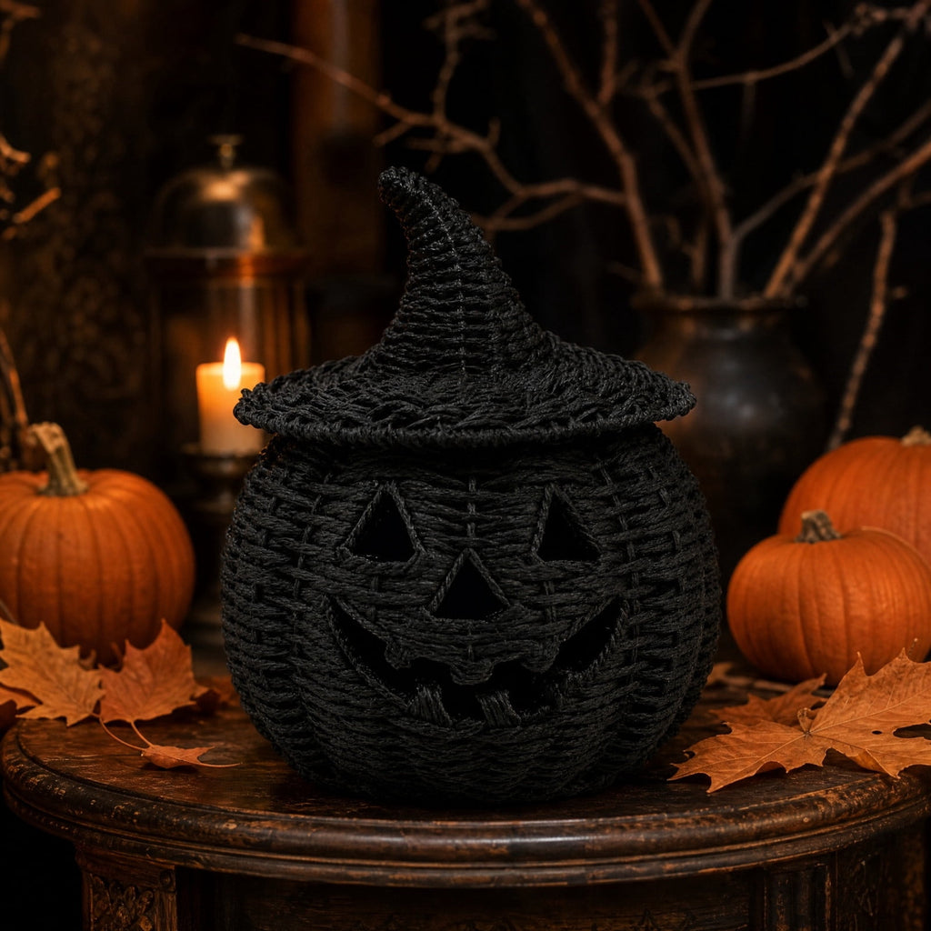 Sahpxhe Black Woven Pumpkin Basket with Lid Handmade Wicker Pumpkin Candy Baskets for Halloween Tabletop Mantel Candy Storage Decorations