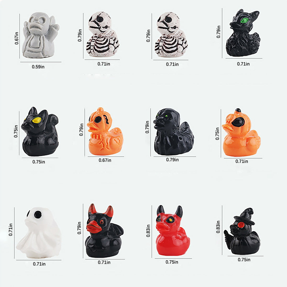 60 Pcs Halloween Plastic Mini Ducks,12 Styles of Ducks with Distinct Halloween Elements Skeleton Pumpkin Witch Devil Ghost Tiny Duck Figures for Favors Fillers Home Tabletop Decor