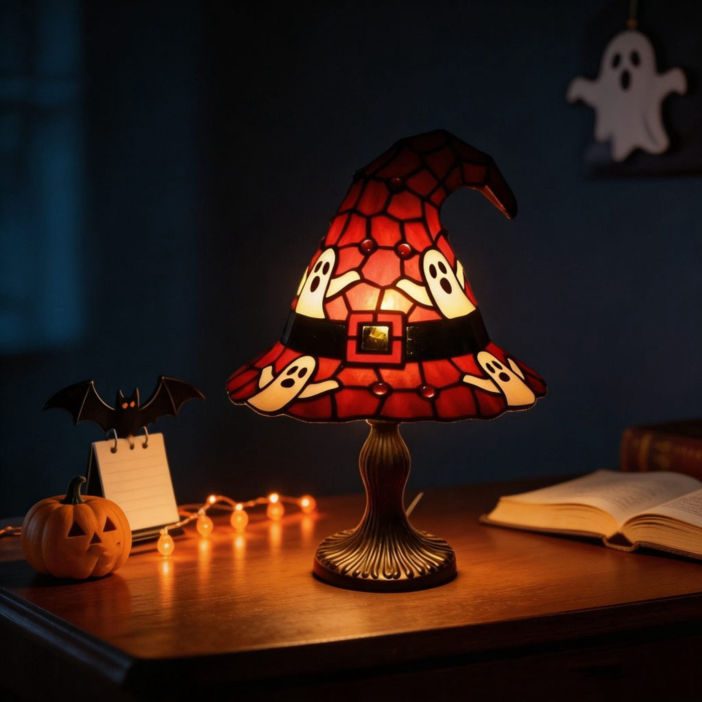 Stained Glass Witch Hat Lamp Gothic Halloween Lighting Decor, Vintage Witchy Hats Night Lights, Handcrafted Retro Resin Table Lamp for Bedroom, Living Room & Home Decor