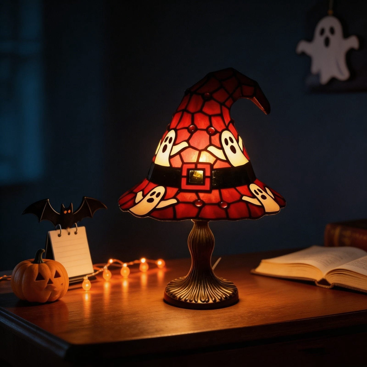 Stained Glass Witch Hat Lamp Gothic Halloween Lighting Decor, Vintage Witchy Hats Night Lights, Handcrafted Retro Resin Table Lamp for Bedroom, Living Room & Home Decor