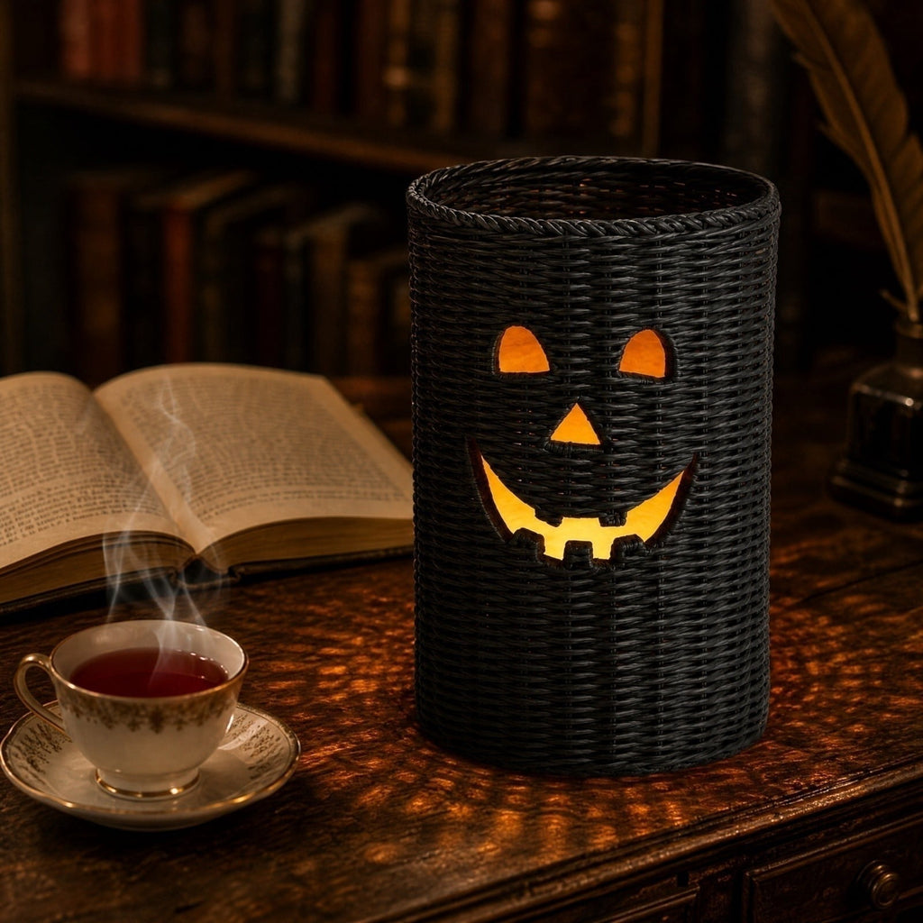 Aximioll Halloween Black Woven Jack-O-Lantern Pumpkin Decor, Hand Woven Rattan Wicker Style Statue, Trick or Treat Candy Bowl Lantern for Porch Entryway Fireplace Mantel Table, Black, 11 Inches