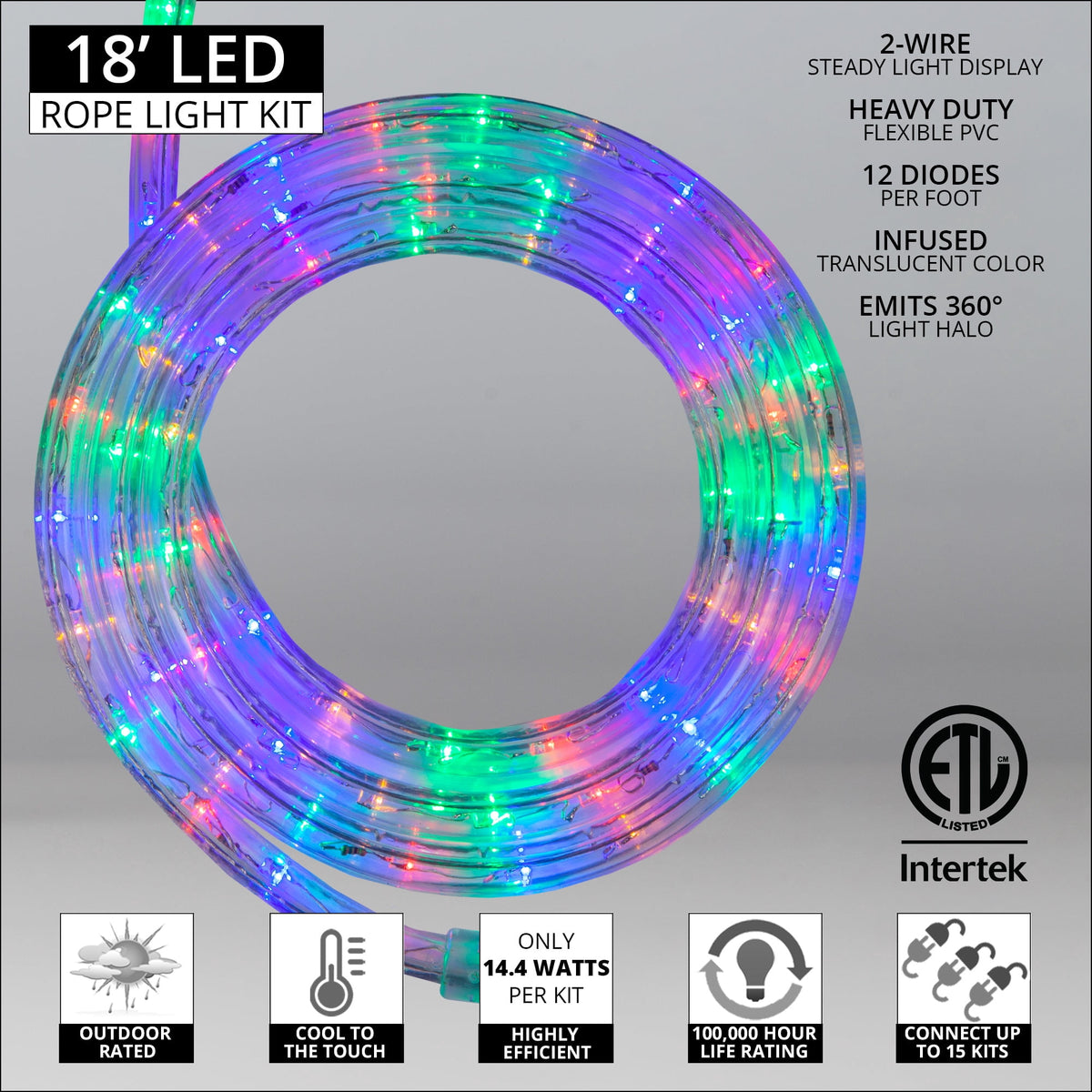 18 ft. LED Warm White Rope Light Kit, 216 Lights, Connectable Ready-to-Install Christmas Decorative Party Lighting, Mounting Clips Included