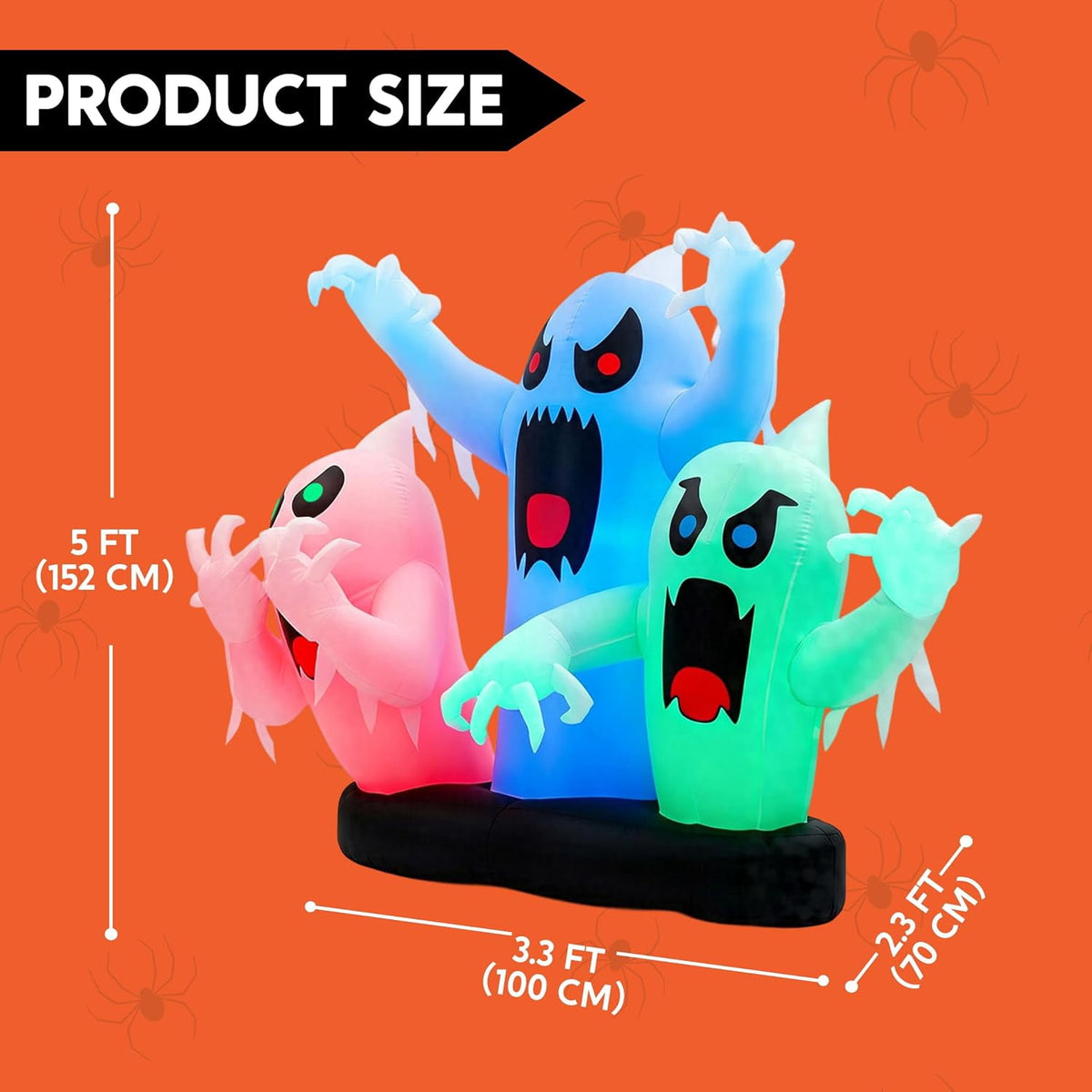Joyfy 5 FT Halloween Inflatable Ghost Decoration with Colorful LEDs,Trunk or Treat Car Decorations Kit Ghost Trio with Built-in LED Light for Halloween Party Indoor,Outdoor,Yard,Garden Decor