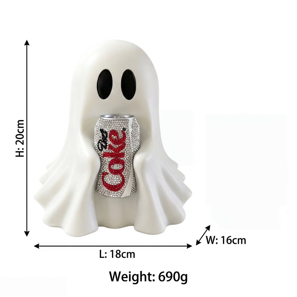 Halloween Ghost Figurine, Resin Lighted Ghost Ornament with Pumpkin Lantern & Beverage Cup, Tabletop Halloween Indoor Decor