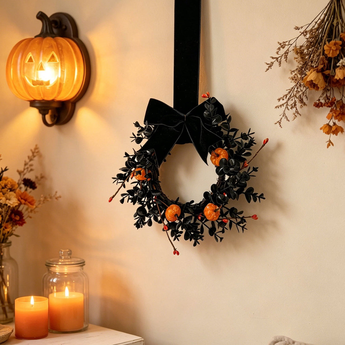 Fall Candle Ring,Artificial Maple Leaves Pumpkins Decorative Wreaths,Berry Wreath for Pillar Candle Holder,Candle Ring for Halloween Centerpieces and Farmhouse Table Decor,7.48 inch(Pink)