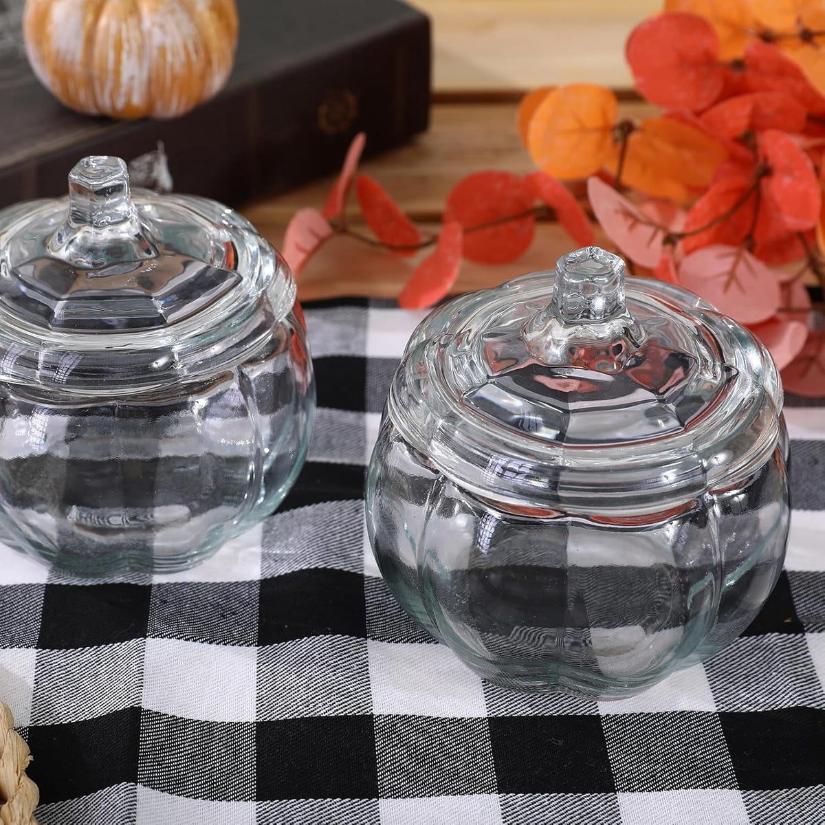 2 PCS Glass Pumpkin Jars with Lid-Halloween Candy Storage for Home Fall Thanksgiving Halloween Party Centerpieces Decor