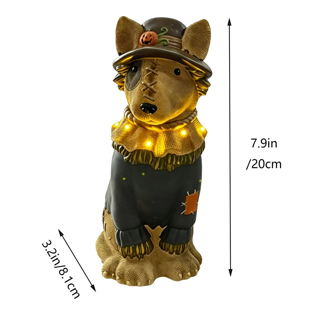 Fall Decorations for Home, 7.9in Lighted Halloween Scarecrow Dog Figurine, Resin Thanksgiving Halloween Garden Dogs Figurines for Autumn Harvest Porch Yard Garden Decor
