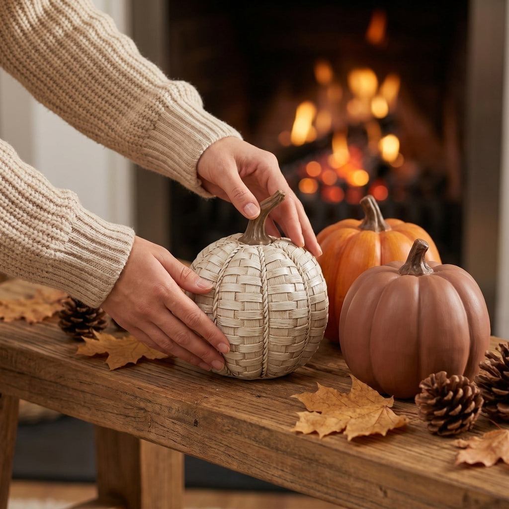 Halloween Resin Faux Pumpkin Decor – 11cm Tall Simulated Woven Pattern Pumpkin Ornament – Halloween Party Decorations for Yard Garden Holiday Layout