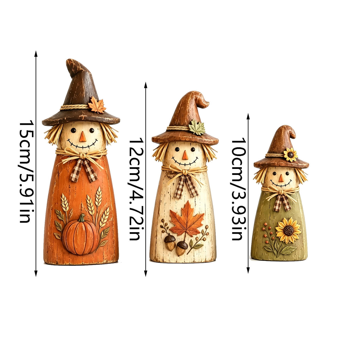 Set of 3 Vintage Distressed Wooden Scarecrow Figurines,Fall Harvest Tabletop Decor,Farmhouse Autumn Pumpkin Maple Sunflower Statues for Mantel Shelf Home Display