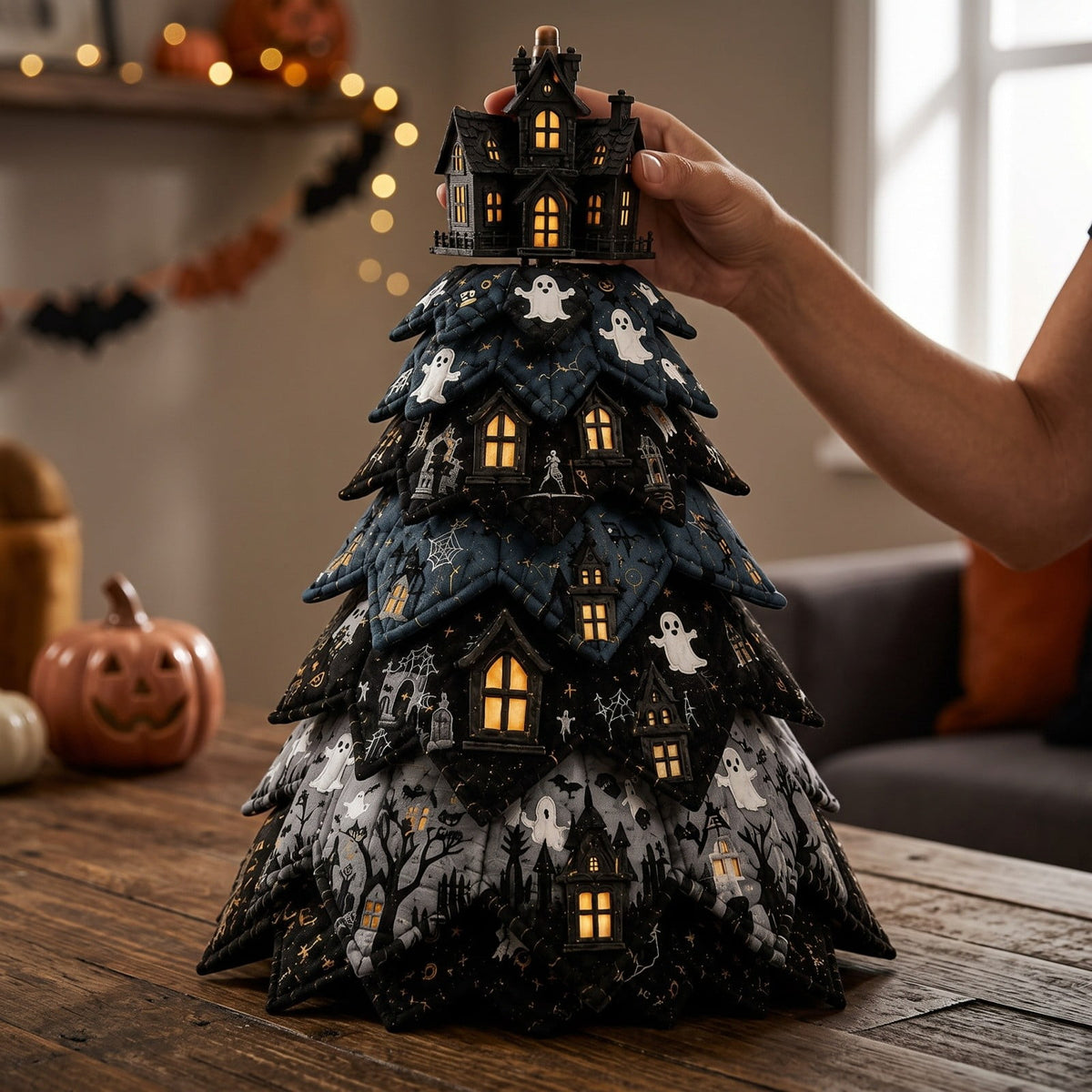 Lypsnake DIY Halloween Quilted Fabric Tree Kit, Vintage Pumpkin Sunflower Patchwork, 3D Padded Sewing Craft Project for Autumn Harvest Decor