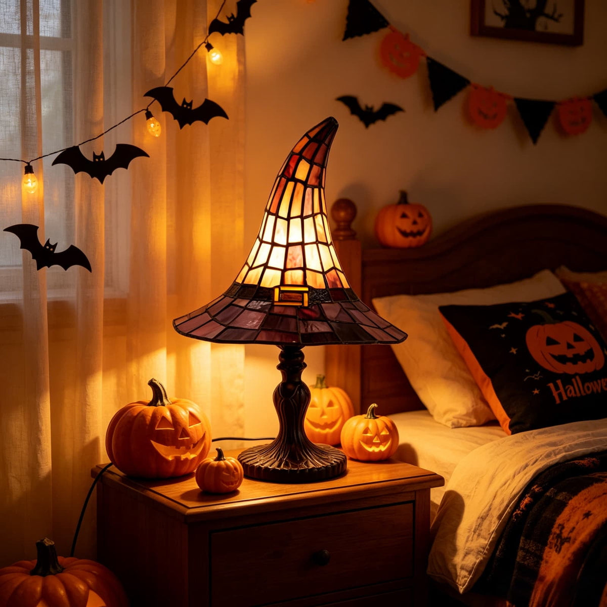 Fuebueo Halloween Witch Hat Lamp 11.81 Inch, Stained Glass Tiffany Style Table Lamp for Bedroom Nightstand, Gothic Witchy Halloween Decorations for Home Living Room