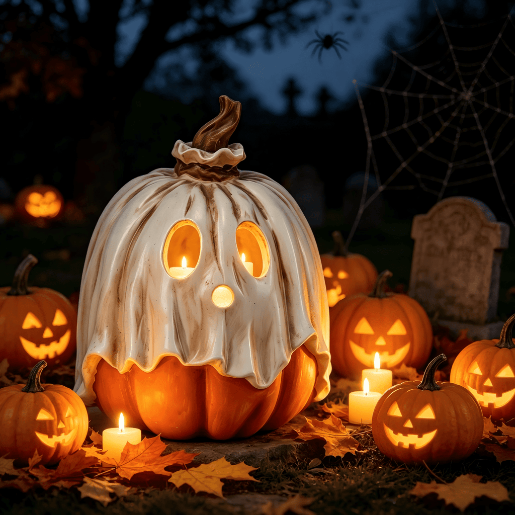 Halloween Ghost Candy Bowl Pumpkin Jack O' Lantern, 7.8 Inch Resin Spooky Tabletop Statue Decor Figurine Pumpkin Candy Bowl, Outdoor Halloween Decorations for Front Porch, Trick or Treat Candy Bowl